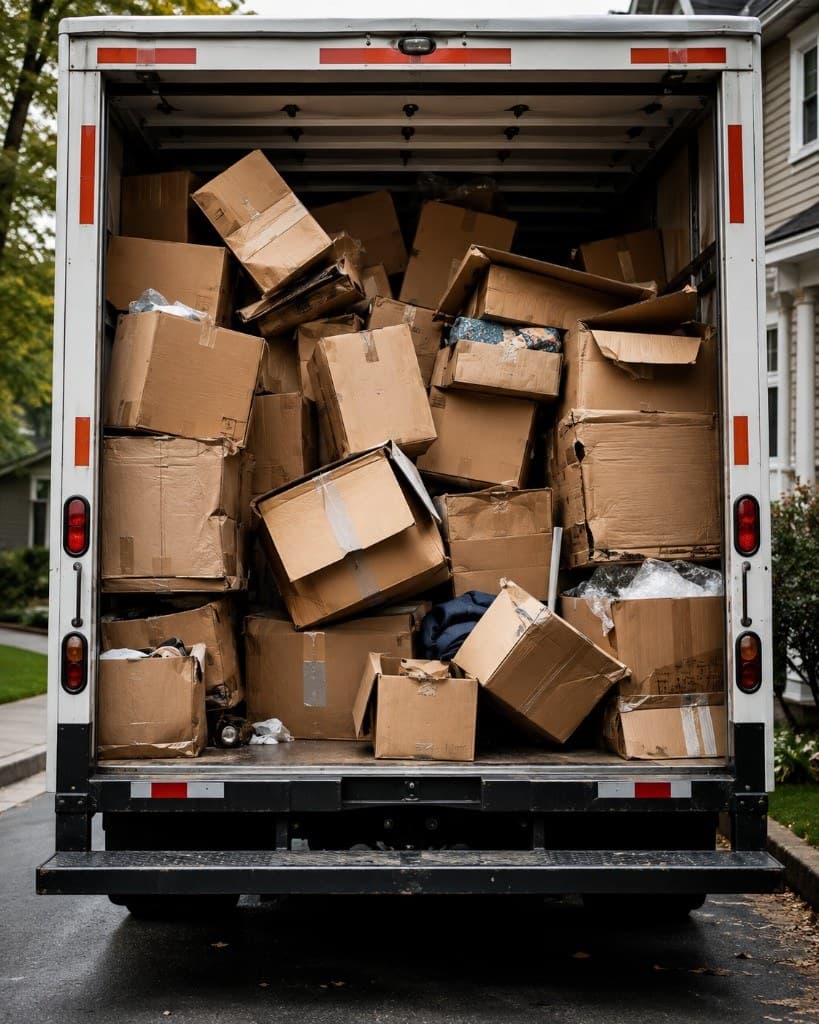 Open moving truck packed with crushed and taped cardboard boxes
